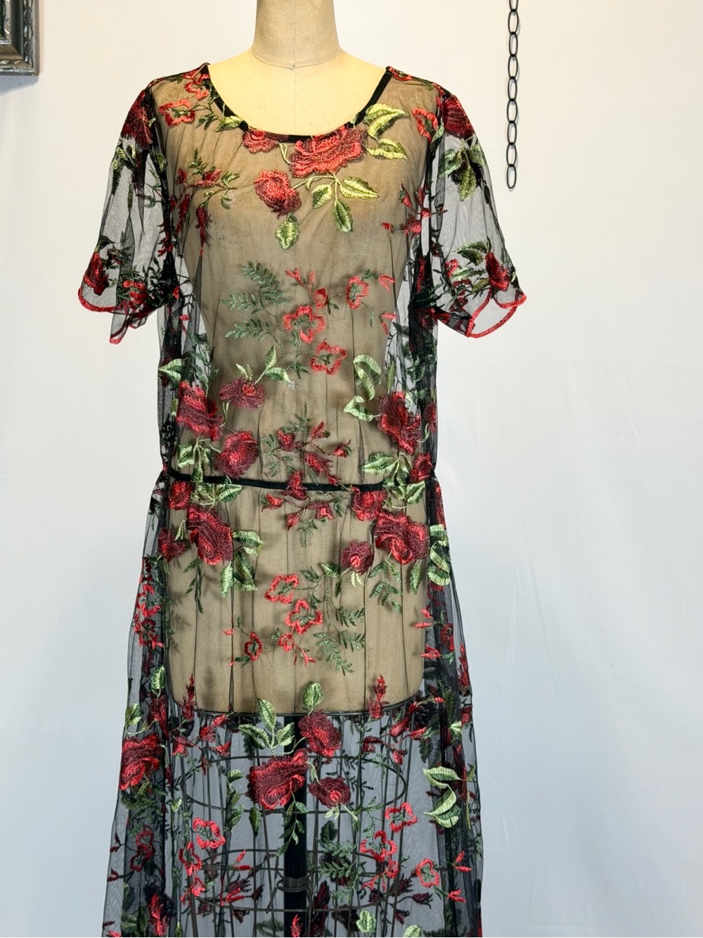Rose embroidered black sheer mesh dress long maxi overlay floral flower gothic - Picture 3 of 8